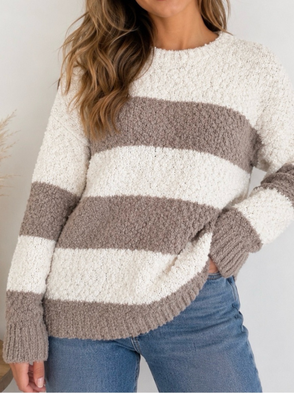 Knox Rose Striped Chunky Knit Sweater in Cream and Taupe SZ S